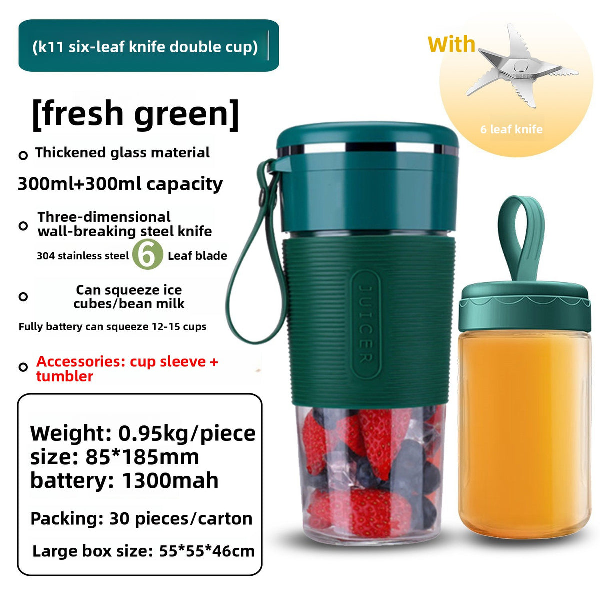 K11 Portable Blender – 6-Blade Glass Cup, Self-Cleaning, 400ml (USB Rechargeable)