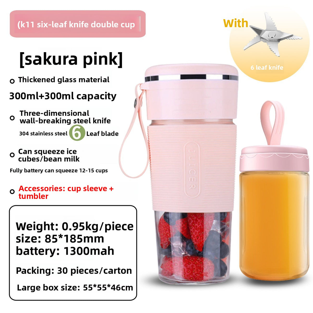 K11 Portable Blender – 6-Blade Glass Cup, Self-Cleaning, 400ml (USB Rechargeable)