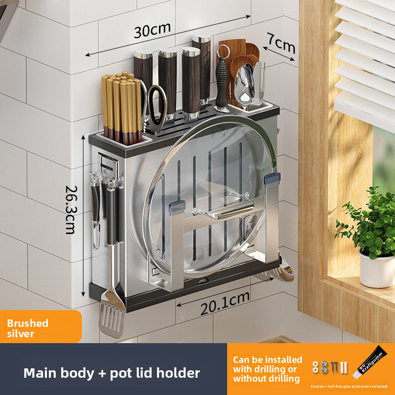 Wall Mounted Stainless Steel Knife Holder with Cutting Board Storage