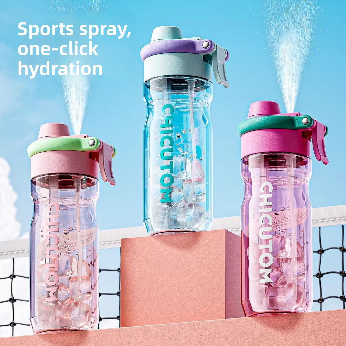 Large Capacity Sports Water Bottle with Spray & Straw – 750ml