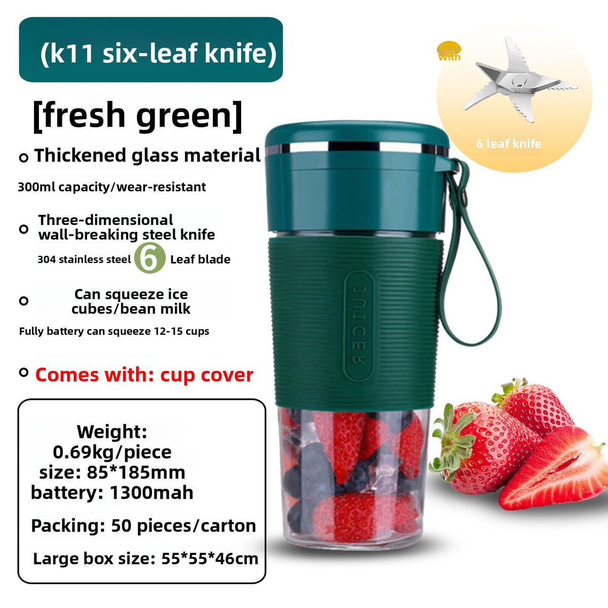 K11 Portable Blender – 6-Blade Glass Cup, Self-Cleaning, 400ml (USB Rechargeable)