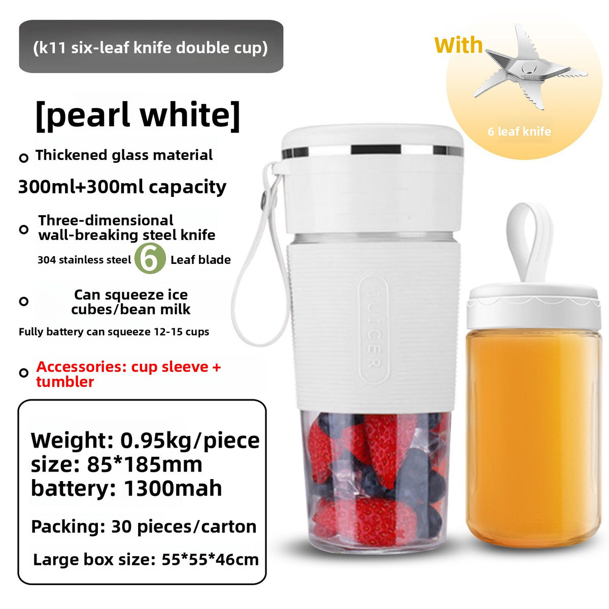 K11 Portable Blender – 6-Blade Glass Cup, Self-Cleaning, 400ml (USB Rechargeable)