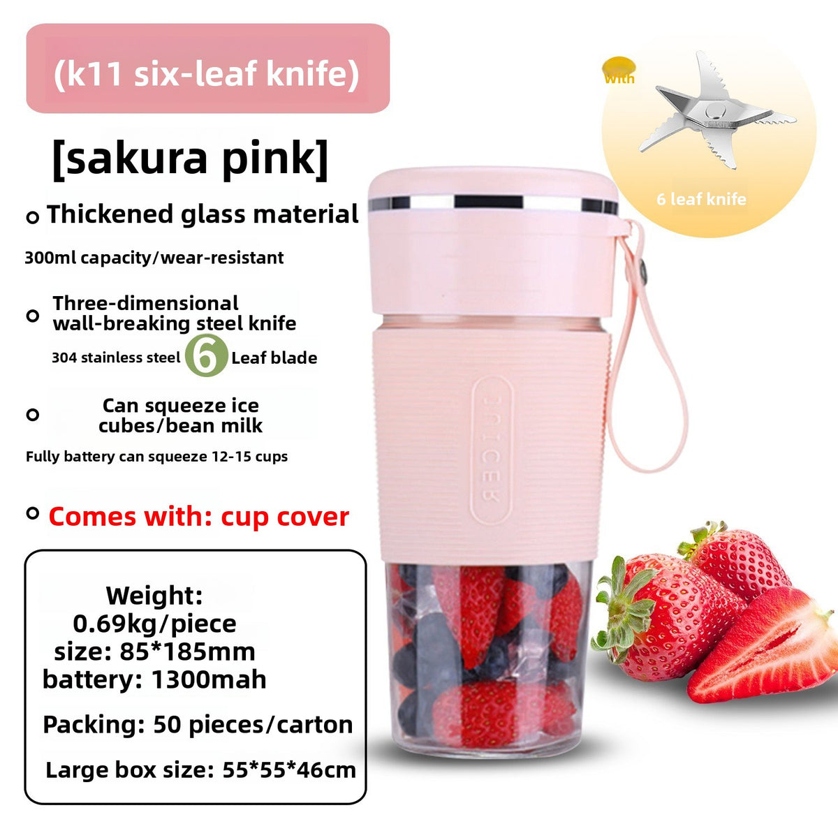 K11 Portable Blender – 6-Blade Glass Cup, Self-Cleaning, 400ml (USB Rechargeable)